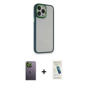 ieg™ iPhone 13 Pro Max Kılıf Eksen Doku Prime - Şeffaf Pasifik Cam Ekran Koruyucu + Neon Fosforlu Kamera Lens - YL