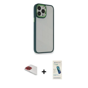 ieg™ iPhone 13 Pro Max Kılıf Eksen Doku Prime - Şeffaf Pasifik Cam Ekran Koruyucu + Pers Alüminyum Kamera Lens - KI