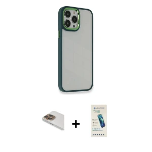 ieg™ iPhone 13 Pro Max Kılıf Eksen Doku Prime - Şeffaf Pasifik Cam Ekran Koruyucu + Pers Alüminyum Kamera Lens - GD