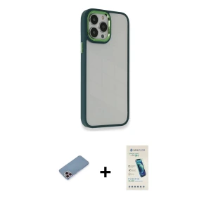 ieg™ iPhone 13 Pro Max Kılıf Eksen Doku Prime - Şeffaf Pasifik Cam Ekran Koruyucu + Shine Kamera Lens Koruma Cam - PE