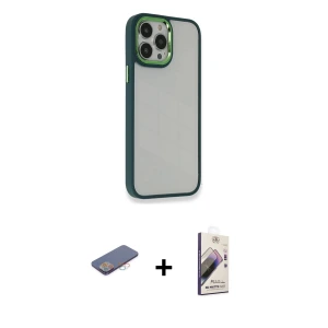 ieg™ iPhone 13 Pro Max Kılıf Eksen Doku Prime - Siyah Bilvis 3D Mat Cam Ekran Koruyucu + Renkli Kamera Lens Koruma Cam - PE