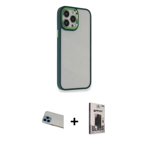 ieg™ iPhone 13 Pro Max Kılıf Eksen Doku Prime - Siyah Bilvis Hayalet Cam Ekran Koruyucu + Rainbow Kamera Lens Koruma Cam - MI