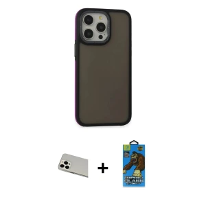 ieg™ iPhone 13 Pro Max Kılıf Eksen Işık - Siyah 18D Cam Ekran Koruyucu + Rainbow Kamera Lens Koruma Cam - BZ