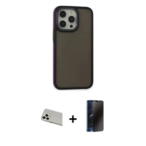 ieg™ iPhone 13 Pro Max Kılıf Eksen Işık - Siyah 3D Antistatik Hayalet Cam Ekran Koruyucu + Rainbow Kamera Lens Koruma Cam - BZ