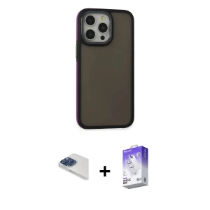 ieg™ iPhone 13 Pro Max Kılıf Eksen Işık - Siyah Bilvis 5in1 3D Magic Cam Ekran Koruyucu + Pers Alüminyum Kamera Lens - LT