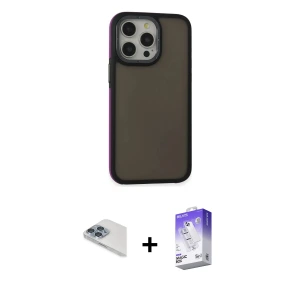 ieg™ iPhone 13 Pro Max Kılıf Eksen Işık - Siyah Bilvis 5in1 3D Magic Cam Ekran Koruyucu + Pers Alüminyum Kamera Lens - SABE