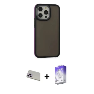 ieg™ iPhone 13 Pro Max Kılıf Eksen Işık - Siyah Bilvis 5in1 3D Magic Cam Ekran Koruyucu + Rainbow Kamera Lens Koruma Cam - MR