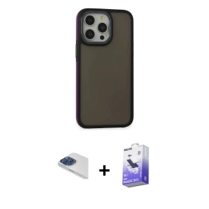 ieg™ iPhone 13 Pro Max Kılıf Eksen Işık - Siyah Bilvis 5in1 5D Magic Hayalet Cam Ekran Koruyucu + Pers Alüminyum Kamera Lens - LT