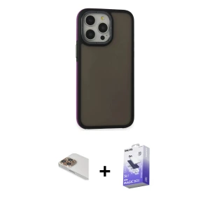ieg™ iPhone 13 Pro Max Kılıf Eksen Işık - Siyah Bilvis 5in1 5D Magic Hayalet Cam Ekran Koruyucu + Pers Alüminyum Kamera Lens - GD