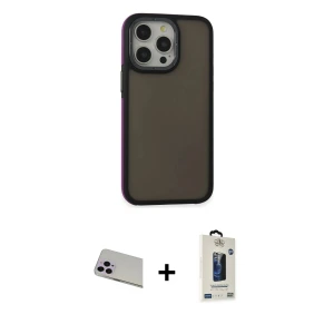ieg™ iPhone 13 Pro Max Kılıf Eksen Işık - Siyah Bilvis Hayalet Cam Ekran Koruyucu + Rainbow Kamera Lens Koruma Cam - MR