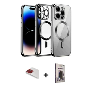 ieg™ iPhone 13 Pro Max Kılıf Nova Işık Özel Seri - Siyah Bilvis Hayalet Cam Ekran Koruyucu + Pers Alüminyum Kamera Lens - KI