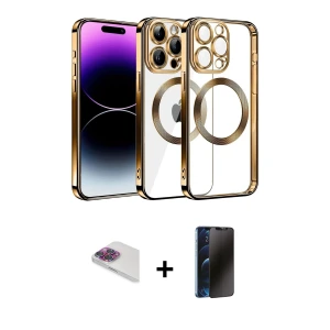ieg™ iPhone 13 Pro Max Kılıf Pusula Form - Siyah 3D Antistatik Hayalet Cam Ekran Koruyucu + Pers Alüminyum Kamera Lens - GI