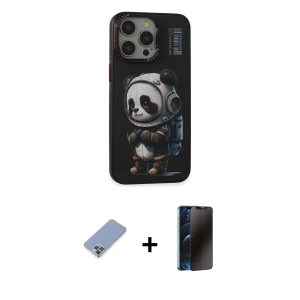 ieg™ iPhone 13 Pro Max Kılıf Siluet Modern Özel Seri - Siyah 3D Antistatik Hayalet Cam Ekran Koruyucu + Metal Kamera Lens Koruma Cam - KUYL