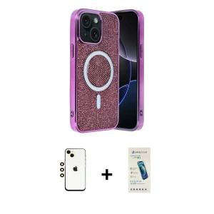 ieg™ iPhone 14 Kılıf Eksen Çizgi - Şeffaf Pasifik Cam Ekran Koruyucu + Shine Kamera Lens - GD