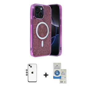 ieg™ iPhone 14 Kılıf Eksen Çizgi - Şeffaf Royal Nano Ekran Koruyucu + Shine Kamera Lens - GS