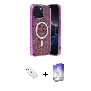 ieg™ iPhone 14 Kılıf Eksen Çizgi - Siyah Bilvis 5in1 3D Magic Cam Ekran Koruyucu + Diamond Kamera Lens - PE