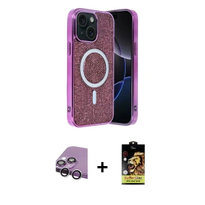 ieg™ iPhone 14 Kılıf Eksen Çizgi - Siyah Buffer Cam Ekran Koruyucu + Raze Metal Kamera Lens - GS