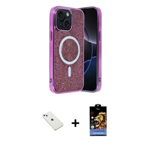 ieg™ iPhone 14 Kılıf Eksen Çizgi - Siyah Buffer Hayalet Cam Ekran Koruyucu + Diamond Kamera Lens - SABE
