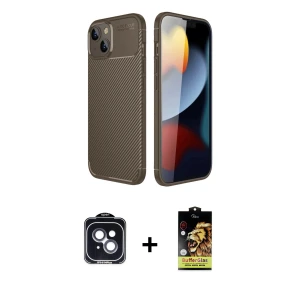 ieg™ iPhone 14 Kılıf Eksen Form Prime - Siyah Buffer Cam Ekran Koruyucu + PVD Metal Kamera Lens - SH