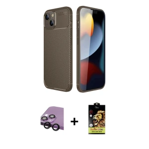 ieg™ iPhone 14 Kılıf Eksen Form Prime - Siyah Buffer Cam Ekran Koruyucu + Raze Metal Kamera Lens - SH