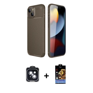 ieg™ iPhone 14 Kılıf Eksen Form Prime - Siyah Buffer Hayalet Cam Ekran Koruyucu + PVD Metal Kamera Lens - SH