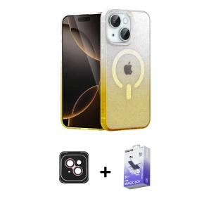 ieg™ iPhone 14 Kılıf Eksen Minimal Özel Seri - Siyah Bilvis 5in1 5D Magic Hayalet Cam Ekran Koruyucu + PVD Metal Kamera Lens - PE
