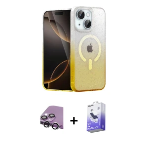 ieg™ iPhone 14 Kılıf Eksen Minimal Özel Seri - Siyah Bilvis 5in1 5D Magic Hayalet Cam Ekran Koruyucu + Raze Metal Kamera Lens - GS