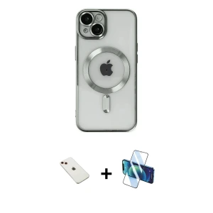 ieg™ iPhone 14 Kılıf Nova Işık Özel Seri - Siyah 3D Antistatik Cam Ekran Koruyucu + Diamond Kamera Lens - KI