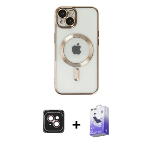 ieg™ iPhone 14 Kılıf Nova Işık Özel Seri - Siyah Bilvis 5in1 5D Magic Hayalet Cam Ekran Koruyucu + PVD Metal Kamera Lens - PE
