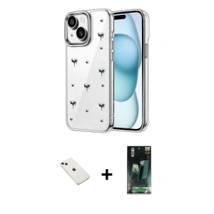 ieg™ iPhone 14 Kılıf Yörünge Form - Şeffaf 360 Full Body Arka Koruyucu + Diamond Kamera Lens - KI
