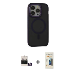 ieg™ iPhone 14 Pro Max Kılıf Ahenk Form Serisi - Siyah 6D Mat Seramik Hayalet Nano Ekran Koruyucu + Bilvis Titan Kamera Lens - GD