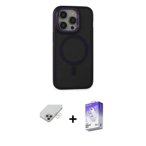 ieg™ iPhone 14 Pro Max Kılıf Ahenk Form Serisi - Siyah Bilvis 5in1 3D Magic Cam Ekran Koruyucu + Band Metal Kamera Lens - GD