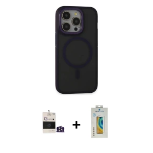 ieg™ iPhone 14 Pro Max Kılıf Ahenk Form Serisi - Siyah Polymer Nano Ekran Koruyucu + Bilvis Titan Kamera Lens - GS