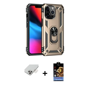 ieg™ iPhone 14 Pro Max Kılıf Ahenk Klasik Koleksiyonu - Siyah Buffer Hayalet Cam Ekran Koruyucu + Band Metal Kamera Lens - GD