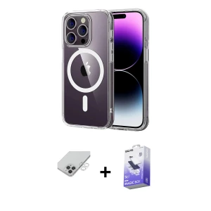ieg™ iPhone 14 Pro Max Kılıf Ahenk Minimal Serisi - Siyah Bilvis 5in1 5D Magic Hayalet Cam Ekran Koruyucu + Band Metal Kamera Lens - GS