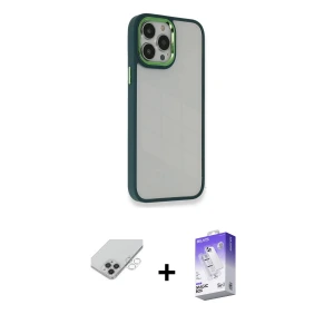 ieg™ iPhone 14 Pro Max Kılıf Eksen Doku Prime - Siyah Bilvis 5in1 3D Magic Cam Ekran Koruyucu + Band Metal Kamera Lens - GS