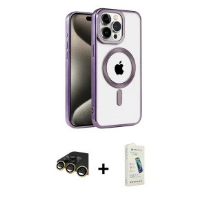 ieg™ iPhone 14 Pro Max Kılıf Eksen Form Koleksiyonu - Şeffaf Pasifik Cam Ekran Koruyucu + Raze Metal Kamera Lens - GD