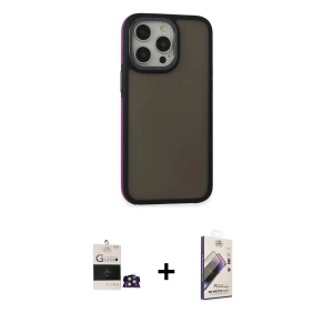 ieg™ iPhone 14 Pro Max Kılıf Eksen Işık - Siyah Bilvis 3D Mat Cam Ekran Koruyucu + Bilvis Titan Kamera Lens - GD