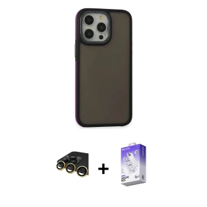 ieg™ iPhone 14 Pro Max Kılıf Eksen Işık - Siyah Bilvis 5in1 3D Magic Cam Ekran Koruyucu + Raze Metal Kamera Lens - GD