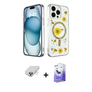 ieg™ iPhone 14 Pro Max Kılıf Kozmos Doku - Siyah Bilvis 5in1 5D Magic Hayalet Cam Ekran Koruyucu + Band Metal Kamera Lens - GD