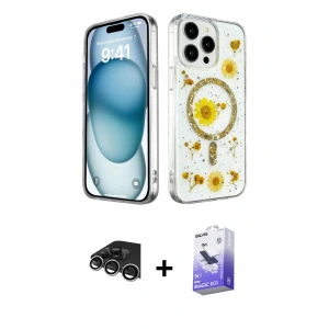 ieg™ iPhone 14 Pro Max Kılıf Kozmos Doku - Siyah Bilvis 5in1 5D Magic Hayalet Cam Ekran Koruyucu + Raze Metal Kamera Lens - GS