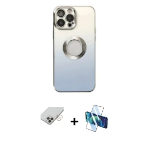 ieg™ iPhone 14 Pro Max Kılıf Kutup Yansıma Özel Seri - Siyah 3D Antistatik Cam Ekran Koruyucu + Band Metal Kamera Lens - GD