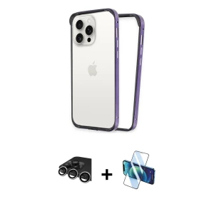 ieg™ iPhone 14 Pro Max Kılıf Pusula Asil Koleksiyonu - Siyah 3D Antistatik Cam Ekran Koruyucu + Raze Metal Kamera Lens - GS
