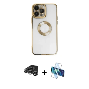 ieg™ iPhone 14 Pro Max Kılıf Pusula Form - Siyah 3D Antistatik Cam Ekran Koruyucu + Raze Metal Kamera Lens - GS