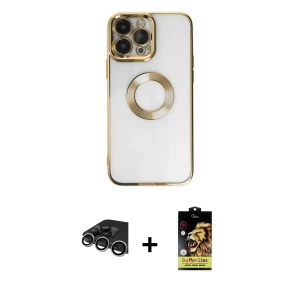 ieg™ iPhone 14 Pro Max Kılıf Pusula Form - Siyah Buffer Cam Ekran Koruyucu + Raze Metal Kamera Lens - GS
