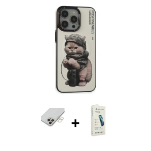 ieg™ iPhone 14 Pro Max Kılıf Siluet Modern Özel Seri - Şeffaf Pasifik Cam Ekran Koruyucu + Band Metal Kamera Lens - GD