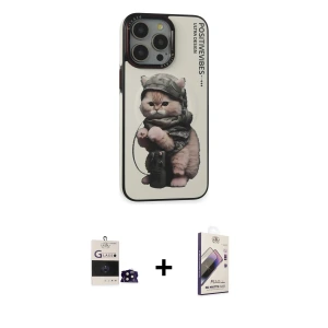 ieg™ iPhone 14 Pro Max Kılıf Siluet Modern Özel Seri - Siyah Bilvis 3D Mat Cam Ekran Koruyucu + Bilvis Titan Kamera Lens - SH