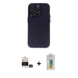 ieg™ iPhone 14 Pro Max Kılıf Ufuk Minimal Özel Seri - Siyah Polymer Nano Ekran Koruyucu + Bilvis Titan Kamera Lens - GS