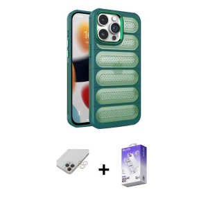 ieg™ iPhone 14 Pro Max Kılıf Yadigar Doku Özel Seri - Siyah Bilvis 5in1 3D Magic Cam Ekran Koruyucu + Band Metal Kamera Lens - GD