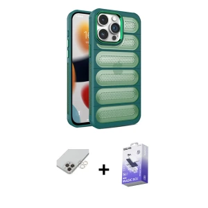 ieg™ iPhone 14 Pro Max Kılıf Yadigar Doku Özel Seri - Siyah Bilvis 5in1 5D Magic Hayalet Cam Ekran Koruyucu + Band Metal Kamera Lens - GD